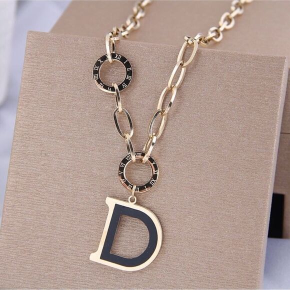 Designer Inspired Gold  Plated Black D Necklace - Picture 12 of 15